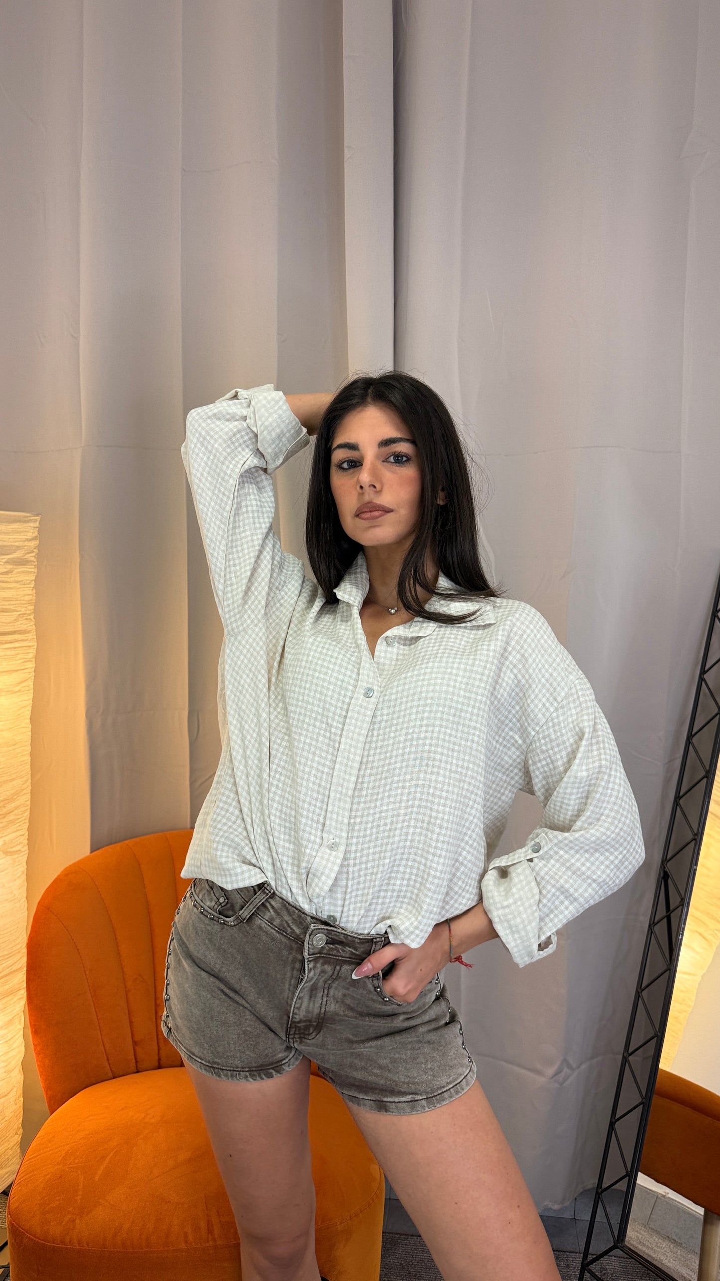 Camicia in 100% Lino a Quadretti Verde e Panna