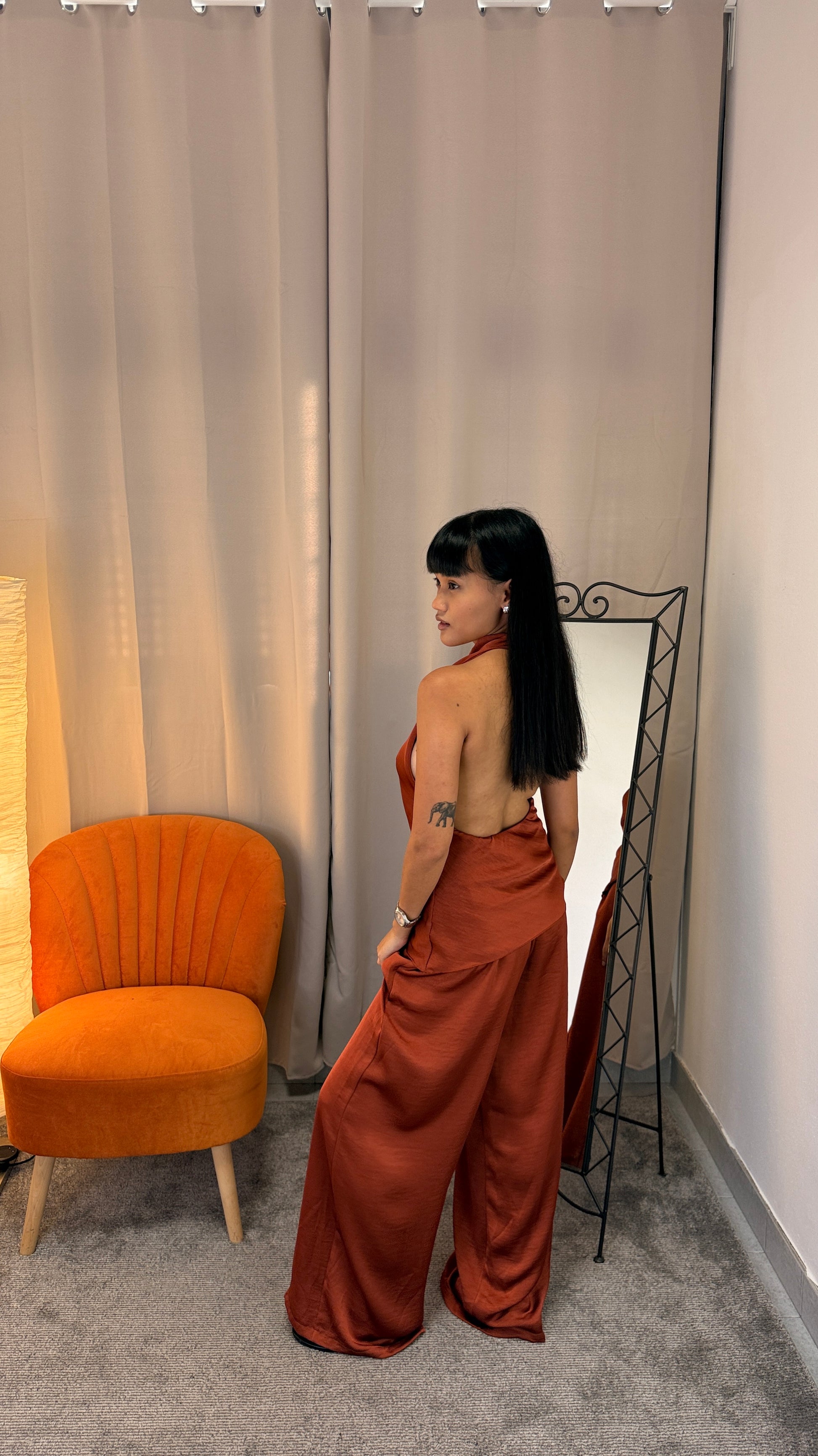 Set Satin Coccio – top halter e pantaloni palazzo