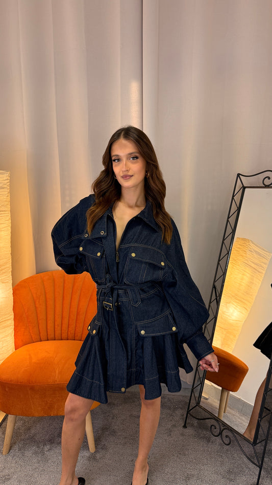 Abitino jeans zip frontale – dettaglio gonna plissettata
