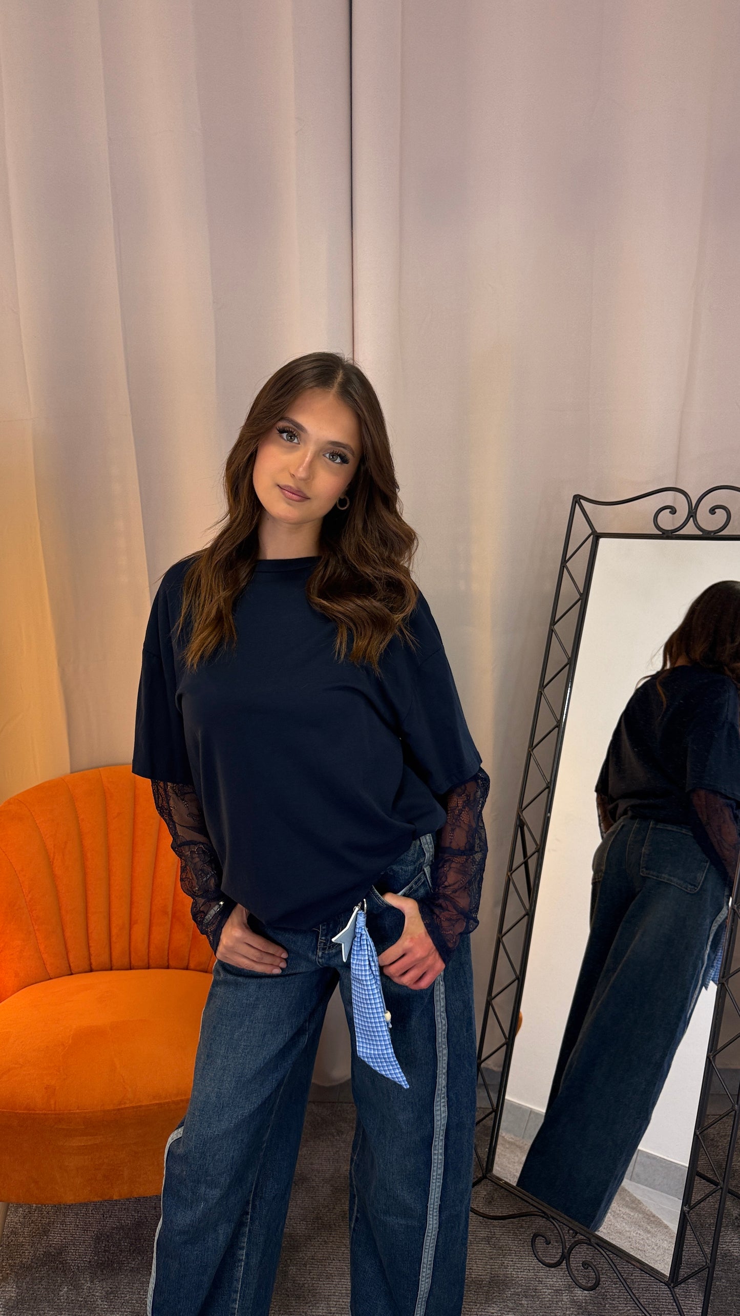 Maglia cotone manica pizzo - Blu navy