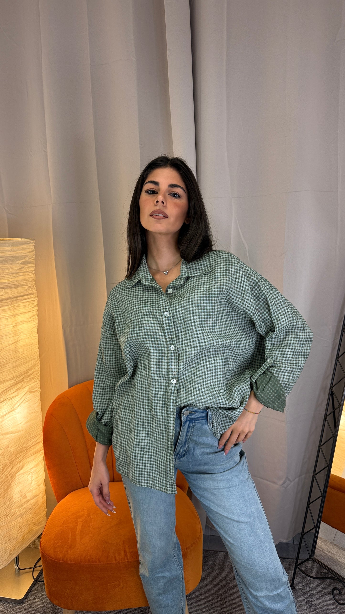 Camicia in 100% Lino a Quadretti Verde e Panna