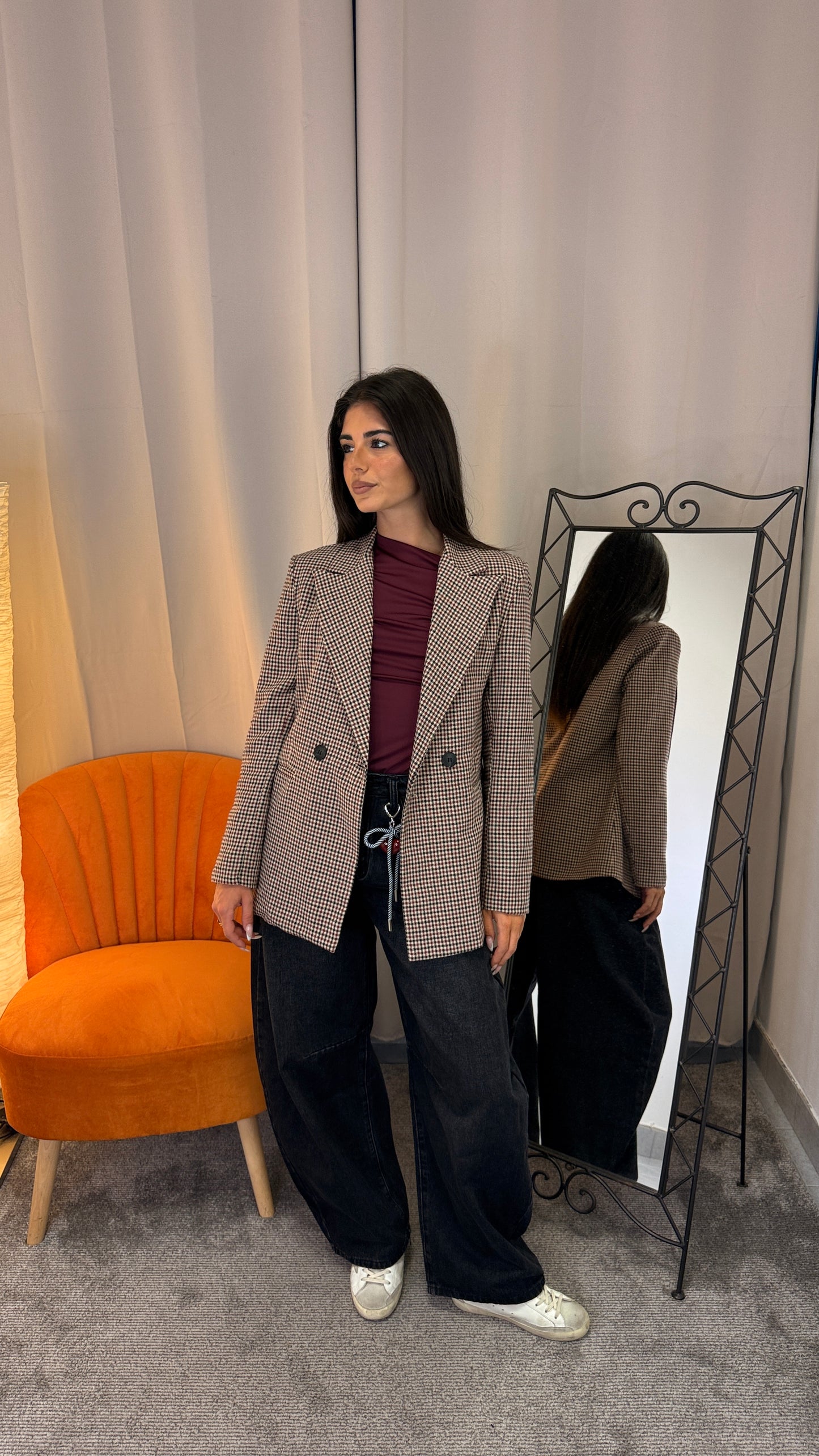 Blazer a quadri bordeaux e marrone - vista frontale